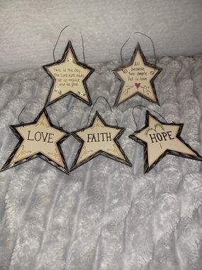 Set of 5 Star Ornaments - Love Faith Hope Inspirational